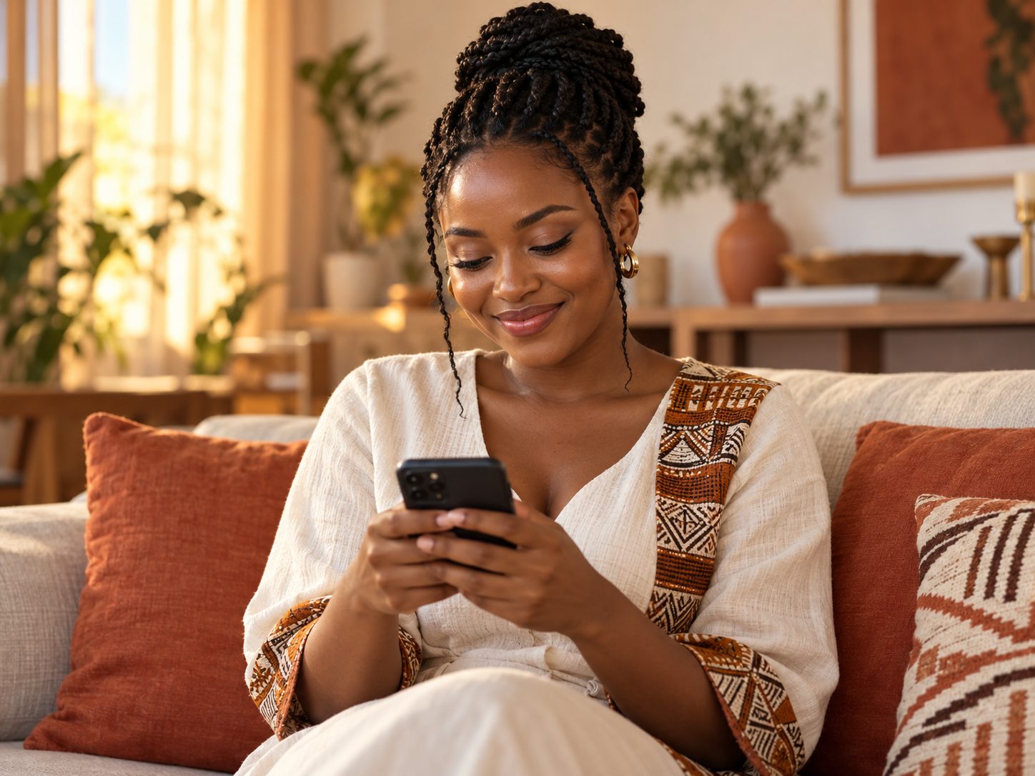 A woman smiling as she checks her phone at home